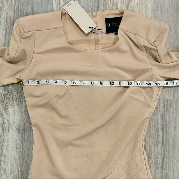 NWT STStudio Structured Jersey Dress 3/4 Sleeve Beige Pencil Knee Length Size XS - Picture 3 of 11